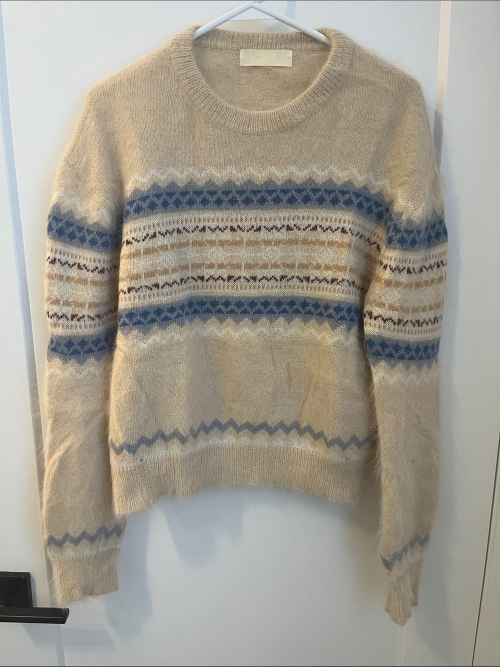 Soft Cream Fair Isle Crewneck Sweater with Blue Pattern